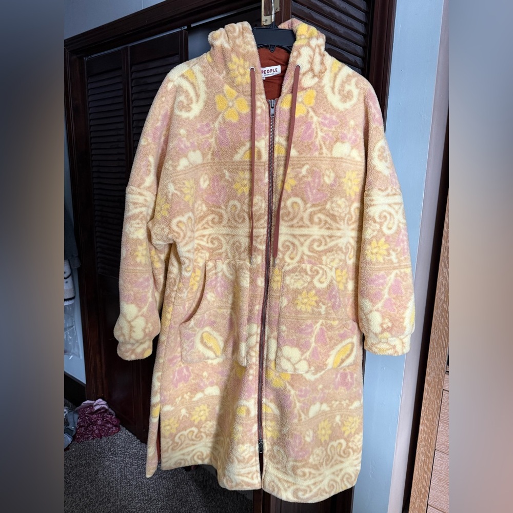 Free People Floral Fleece Hooded Coat in Yellow and Pink medium